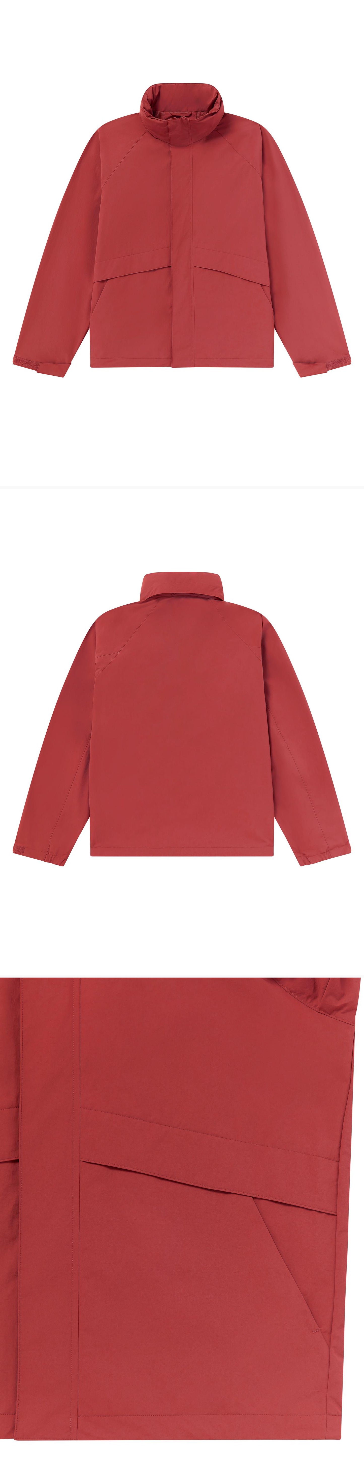 RED_HIGHNECK_JACKET - Flat Lay - 3 x Shots - Front + Back + Detail B