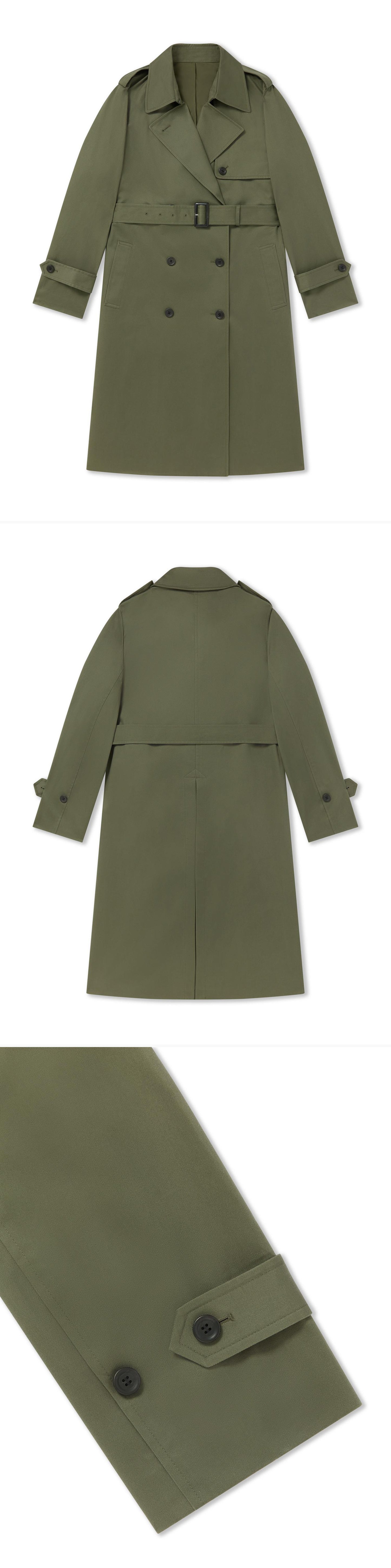 OLIVE_TRENCH_COAT - Flat Lay - 3 x Shots - Front + Back + Detail B