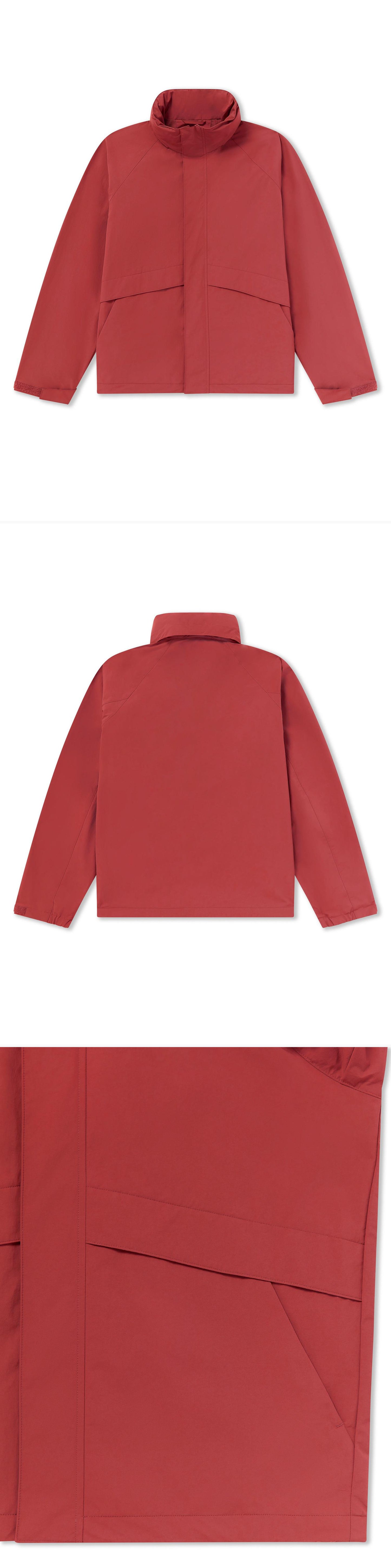 RED_HIGHNECK_JACKET - Flat Lay - 3 x Shots - Front + Back + Detail B
