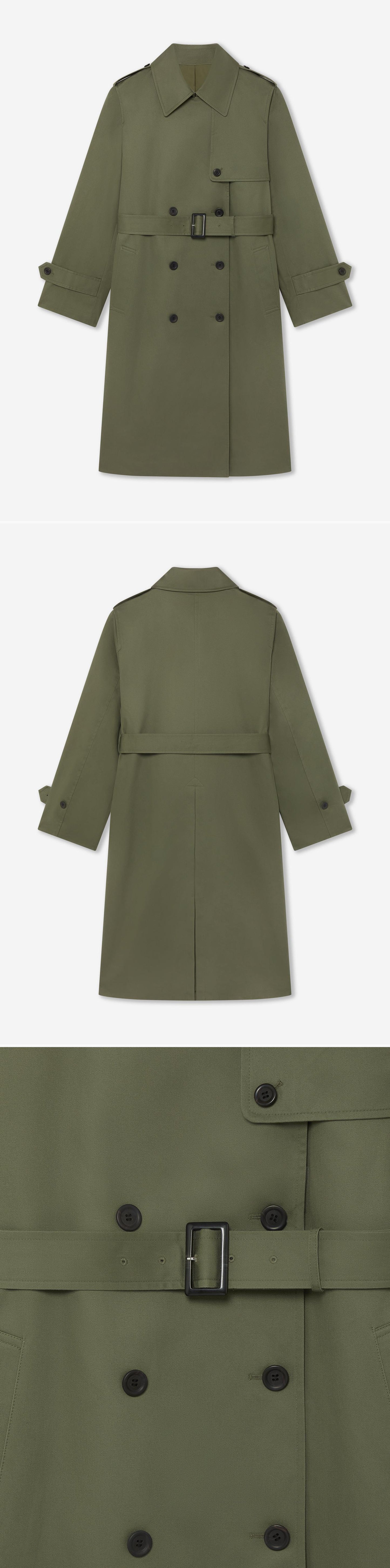 OLIVE_TRENCH_COAT - Hanging - 3 x Shots - Front + Back + Detail B