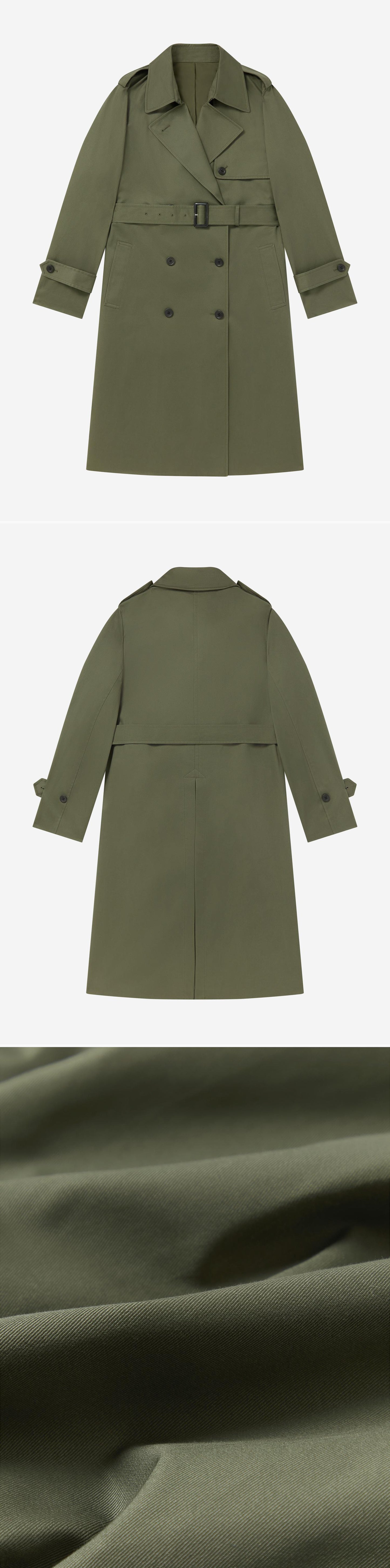 OLIVE_TRENCH_COAT - Flat Lay - 3 x Shots - Front + Back + Detail C