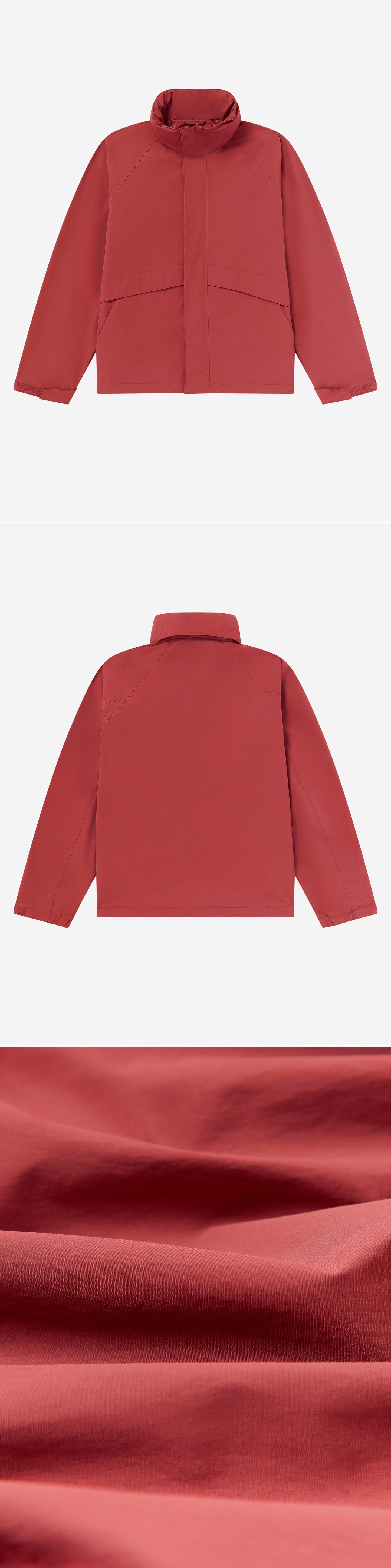 RED_HIGHNECK_JACKET - Flat Lay - 3 x Shots - Front + Back + Detail C