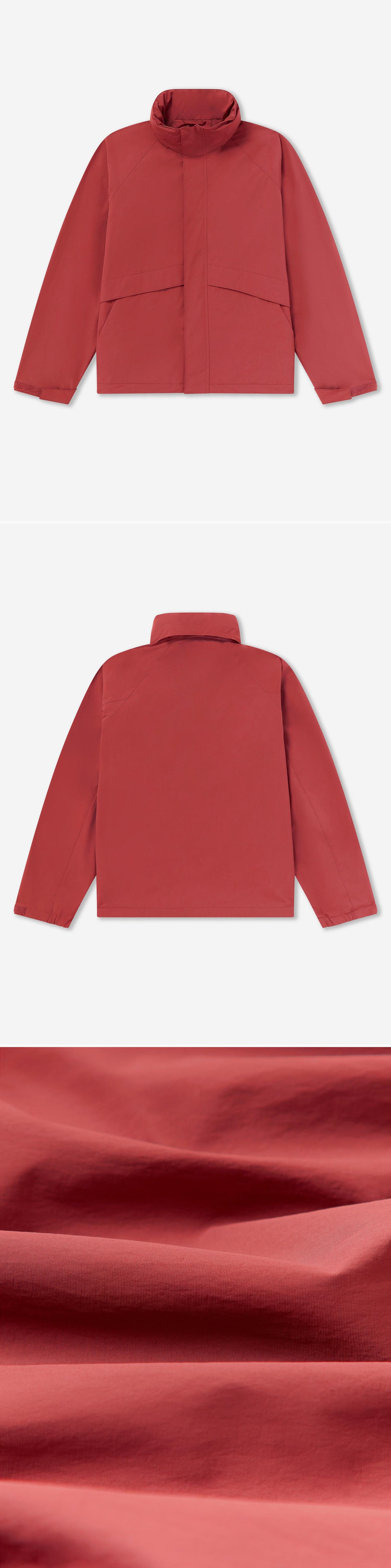 RED_HIGHNECK_JACKET - Flat Lay - 3 x Shots - Front + Back + Detail C