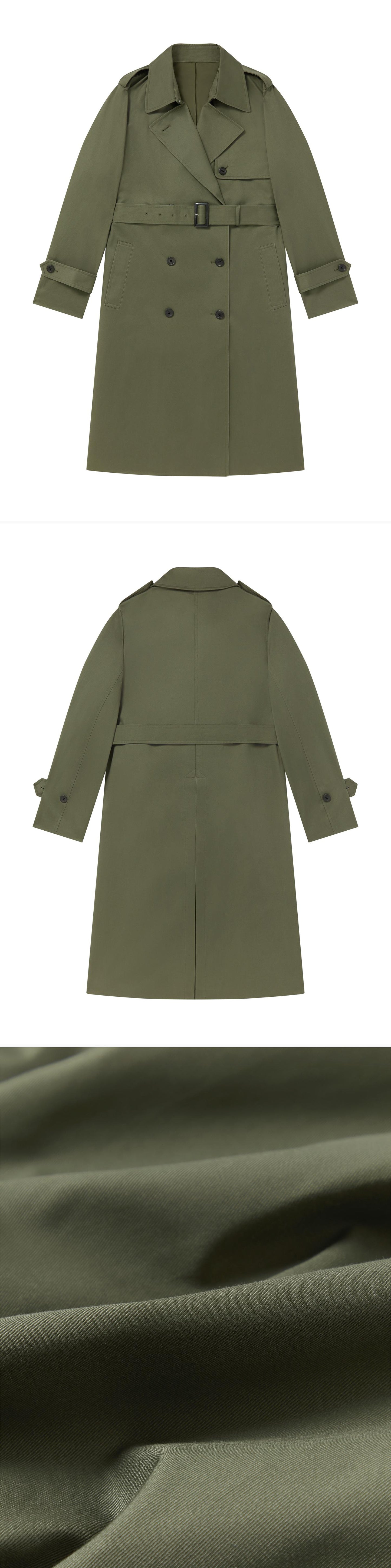 OLIVE_TRENCH_COAT - Flat Lay - 3 x Shots - Front + Back + Detail C