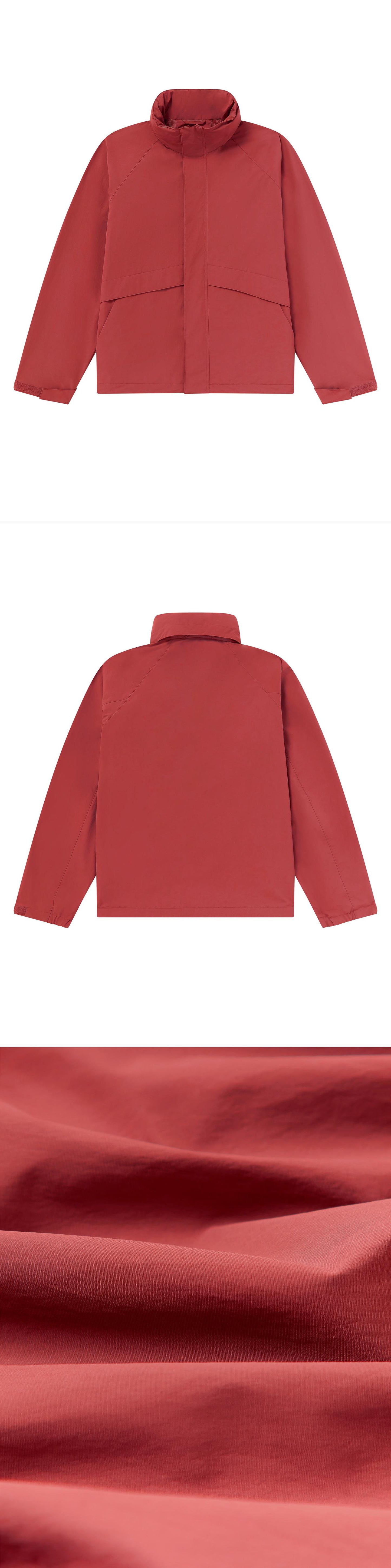 RED_HIGHNECK_JACKET - Flat Lay - 3 x Shots - Front + Back + Detail C