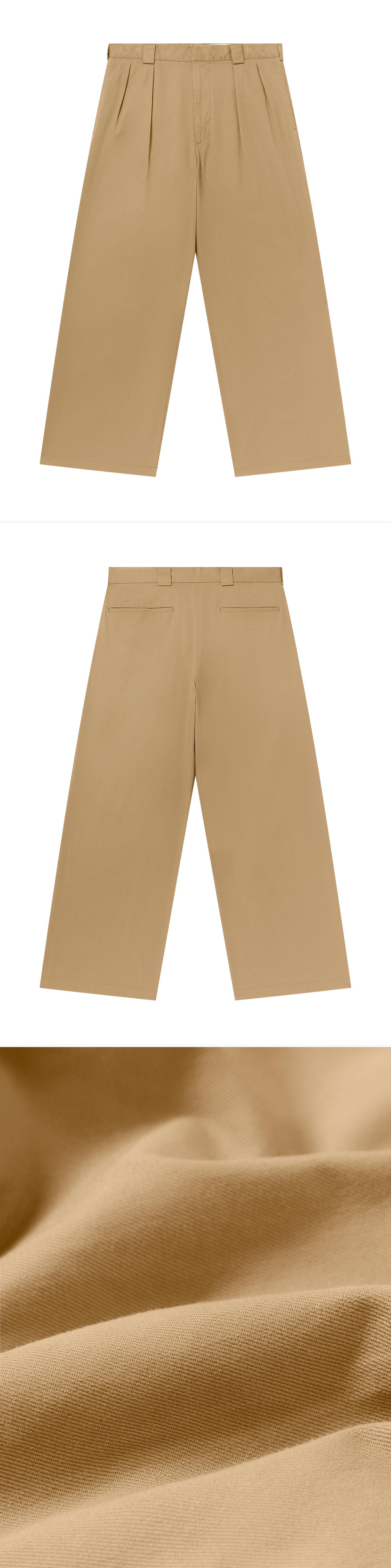 TAN_WIDELEG_TROUSER - Flat Lay - 3 x Shots - Front + Back + Detail C