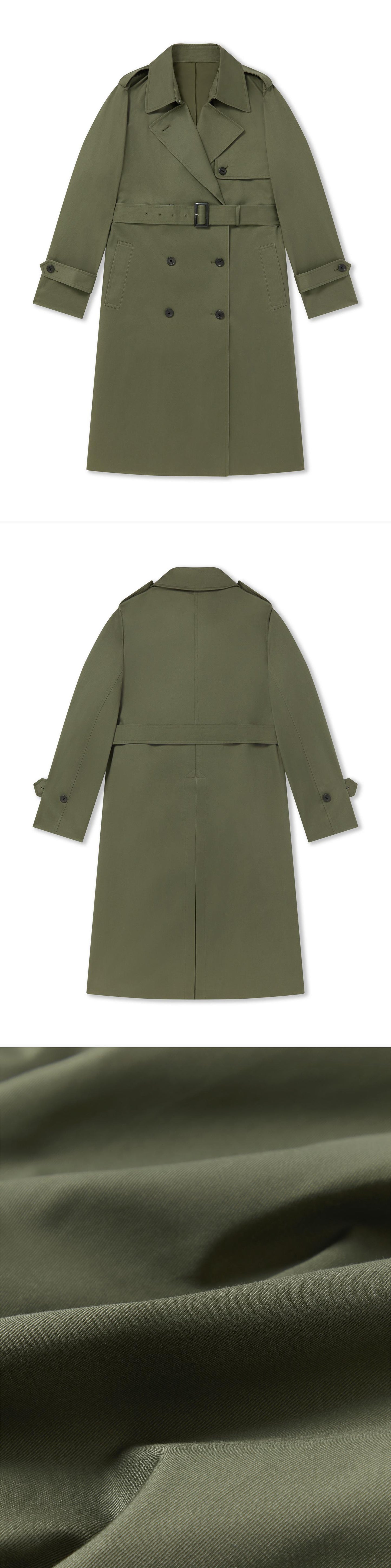 OLIVE_TRENCH_COAT - Flat Lay - 3 x Shots - Front + Back + Detail C