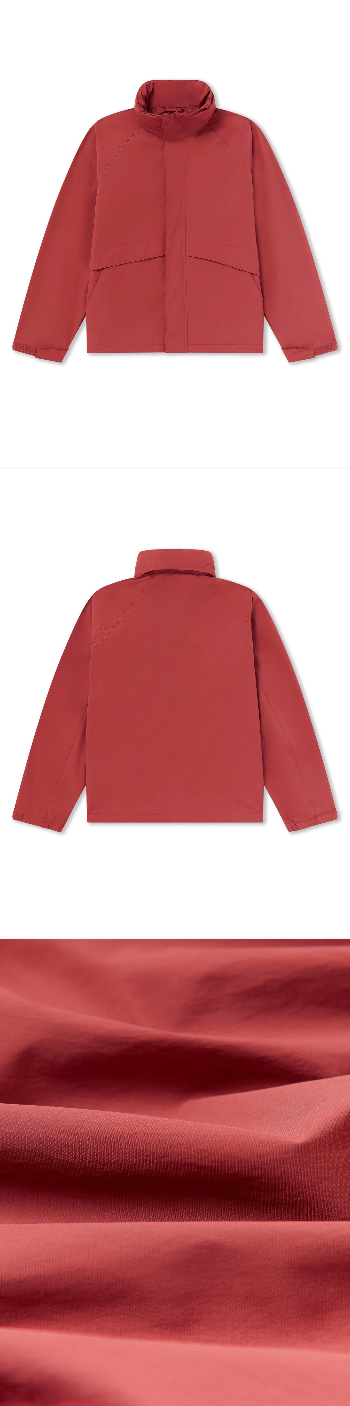 RED_HIGHNECK_JACKET - Flat Lay - 3 x Shots - Front + Back + Detail C