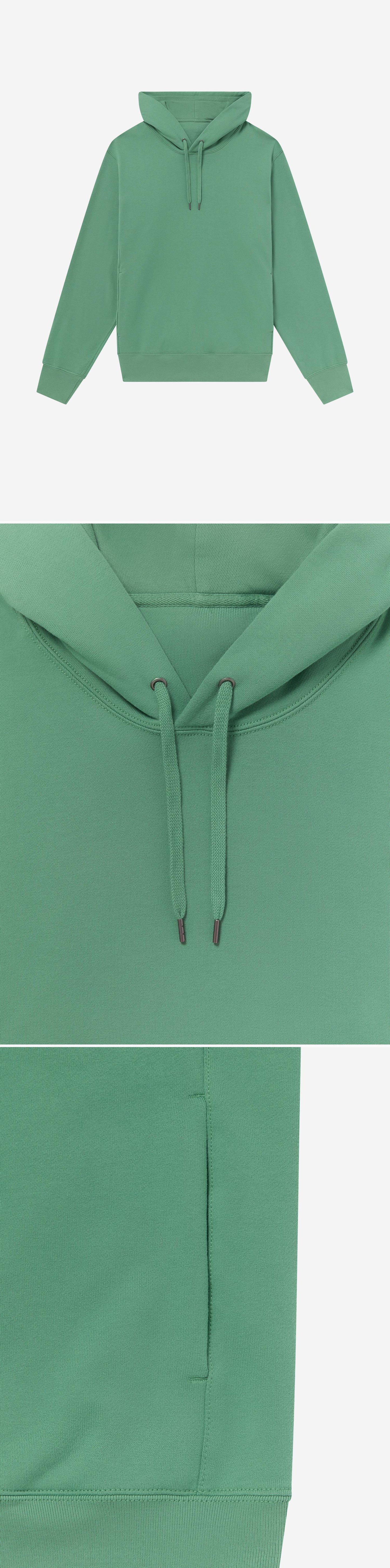 GREEN_HOODIE - Flat Lay - 3 x Shots - Front + Detail A + Detail B