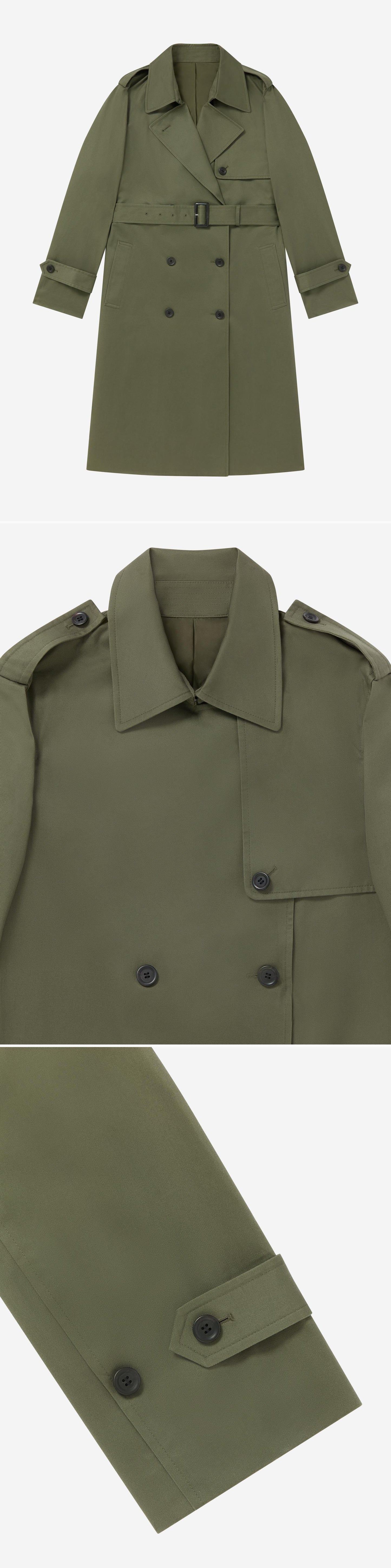 OLIVE_TRENCH_COAT - Flat Lay - 3 x Shots - Front + Detail A + Detail B