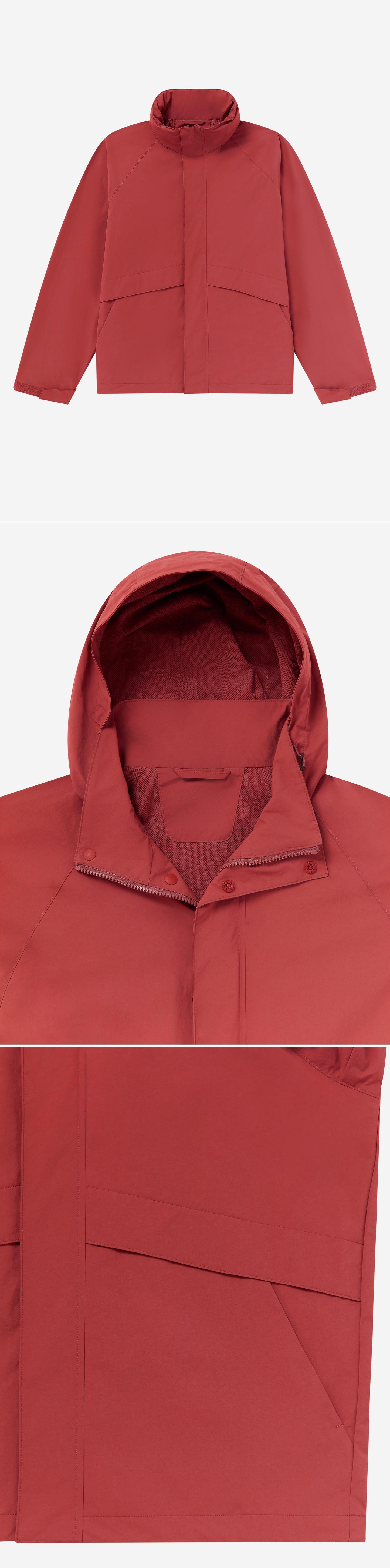 RED_HIGHNECK_JACKET - Flat Lay - 3 x Shots - Front + Detail A + Detail B