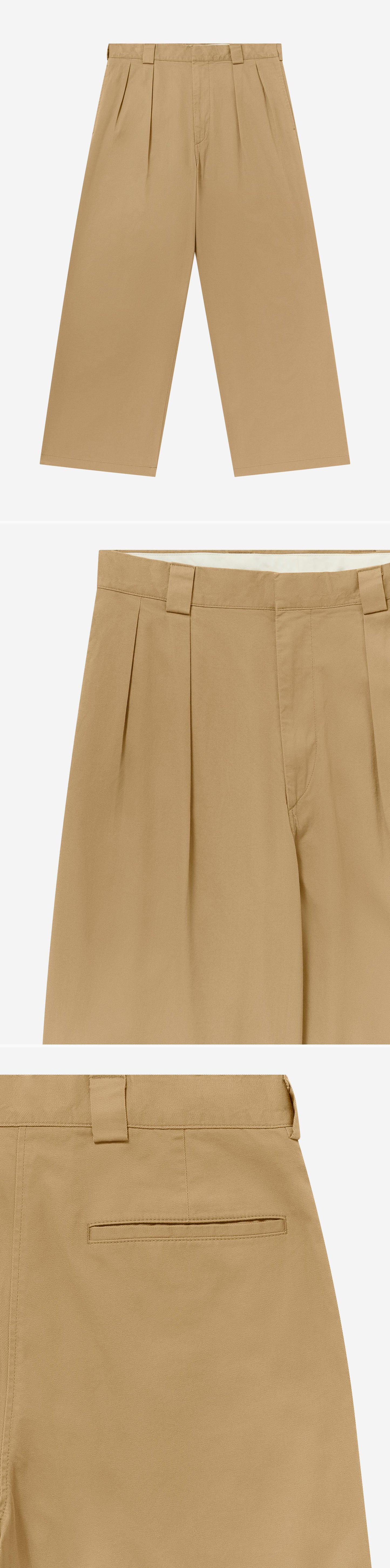 TAN_WIDELEG_TROUSER - Flat Lay - 3 x Shots - Front + Detail A + Detail B