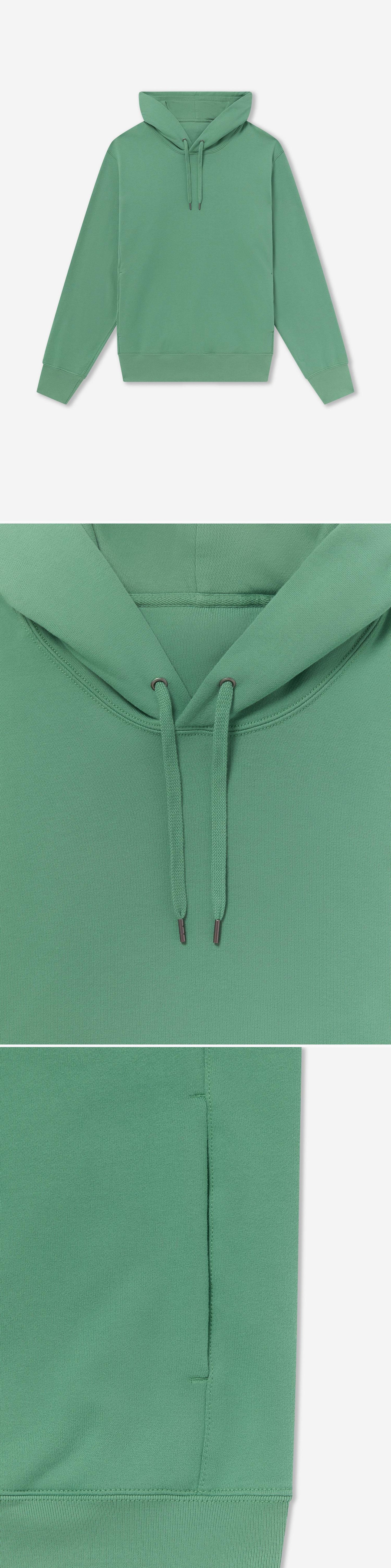 GREEN_HOODIE - Flat Lay - 3 x Shots - Front + Detail A + Detail B