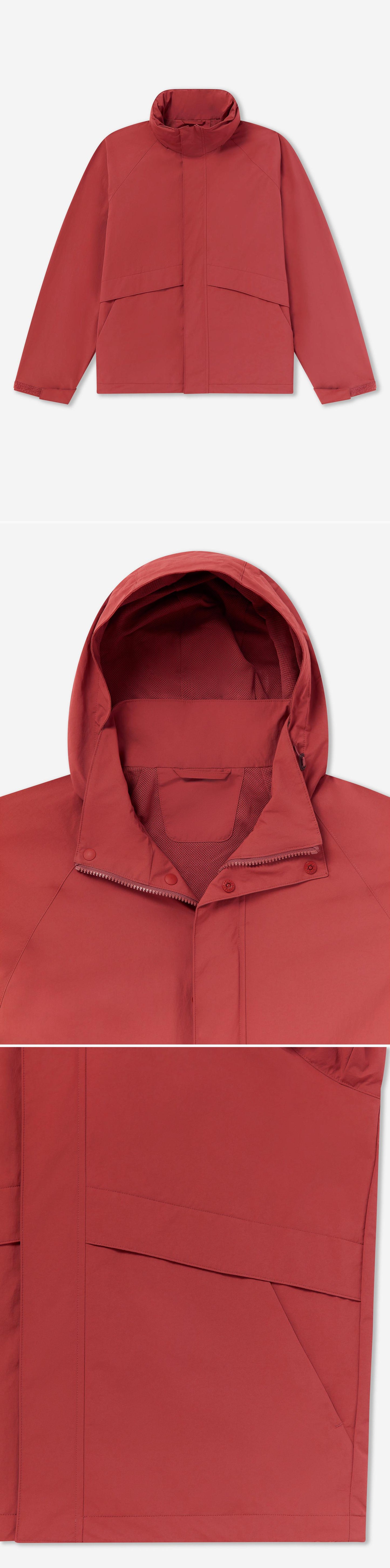 RED_HIGHNECK_JACKET - Flat Lay - 3 x Shots - Front + Detail A + Detail B
