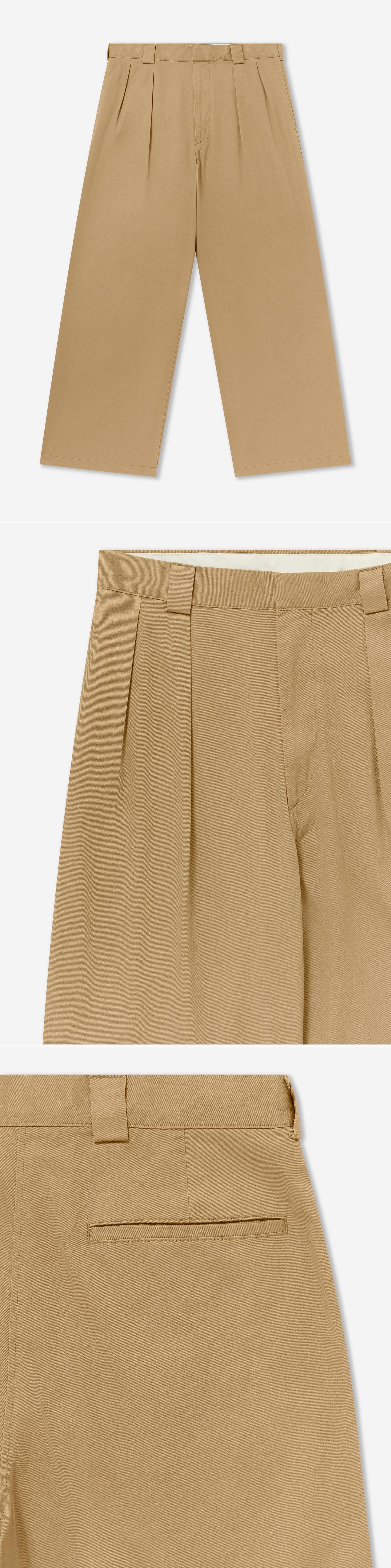 TAN_WIDELEG_TROUSER - Flat Lay - 3 x Shots - Front + Detail A + Detail B