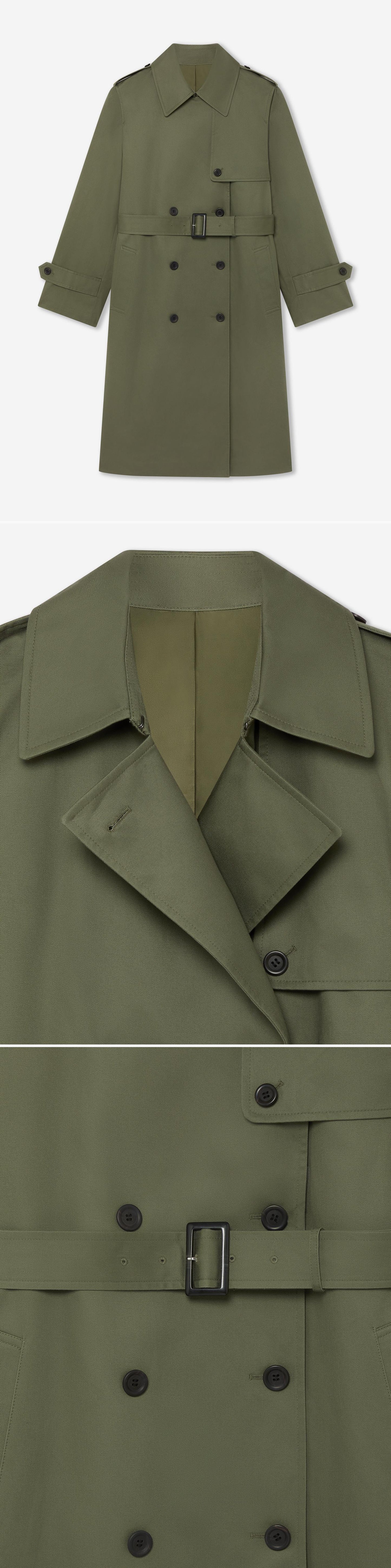 OLIVE_TRENCH_COAT - Hanging - 3 x Shots - Front + Detail A + Detail B