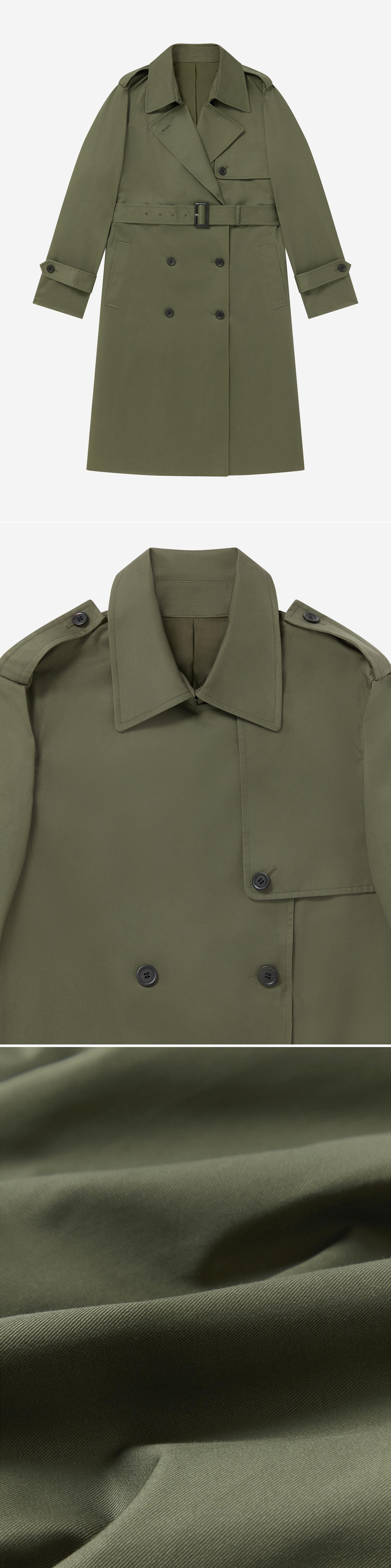 OLIVE_TRENCH_COAT - Flat Lay - 3 x Shots - Front + Detail A + Detail C