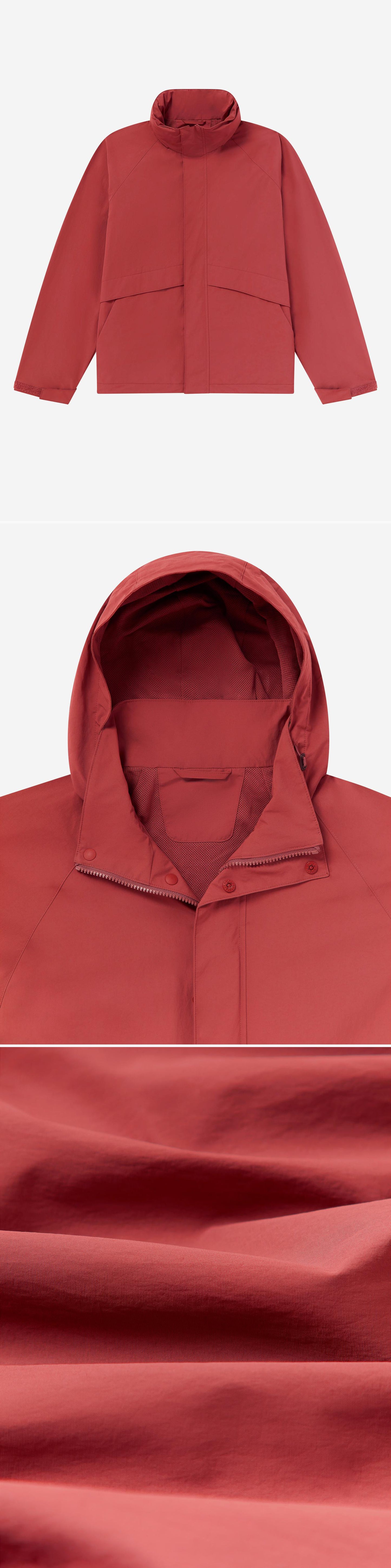 RED_HIGHNECK_JACKET - Flat Lay - 3 x Shots - Front + Detail A + Detail C