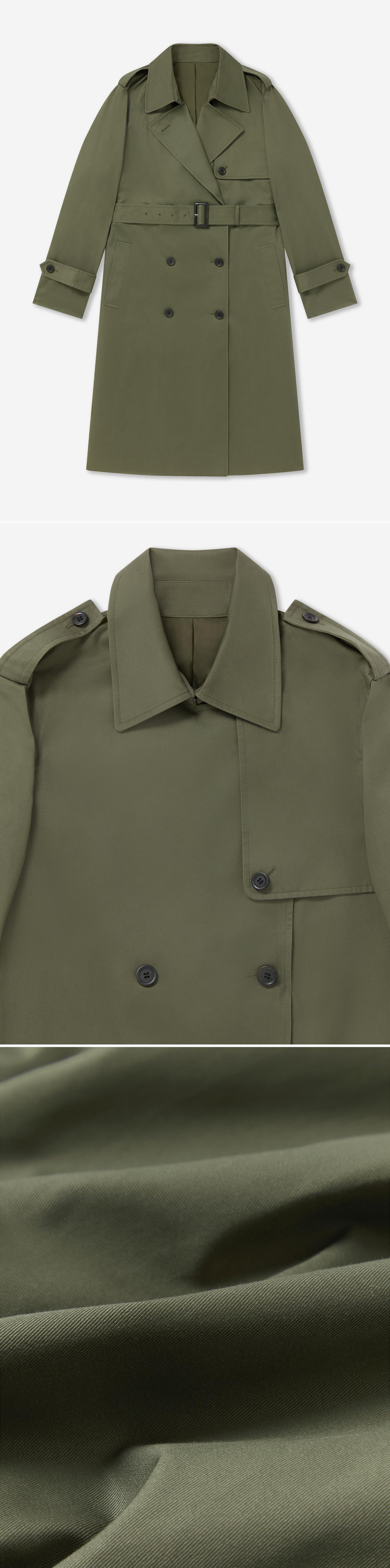 OLIVE_TRENCH_COAT - Flat Lay - 3 x Shots - Front + Detail A + Detail C