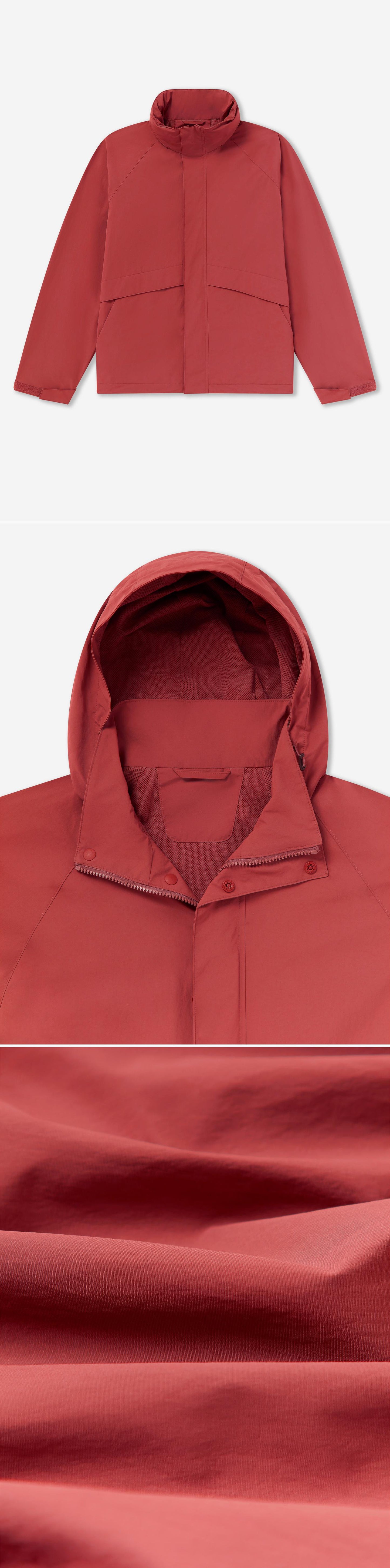 RED_HIGHNECK_JACKET - Flat Lay - 3 x Shots - Front + Detail A + Detail C
