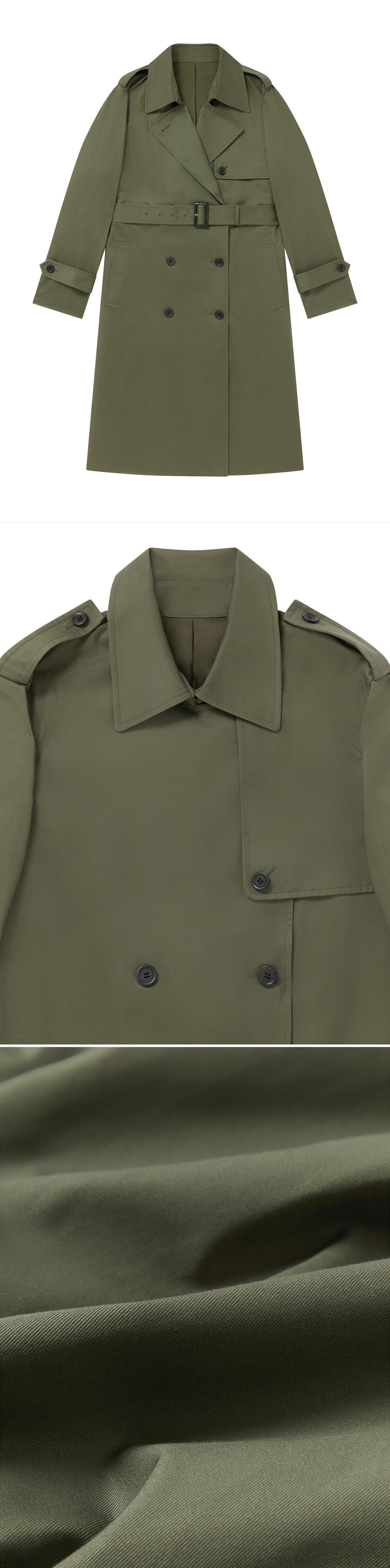 OLIVE_TRENCH_COAT - Flat Lay - 3 x Shots - Front + Detail A + Detail C