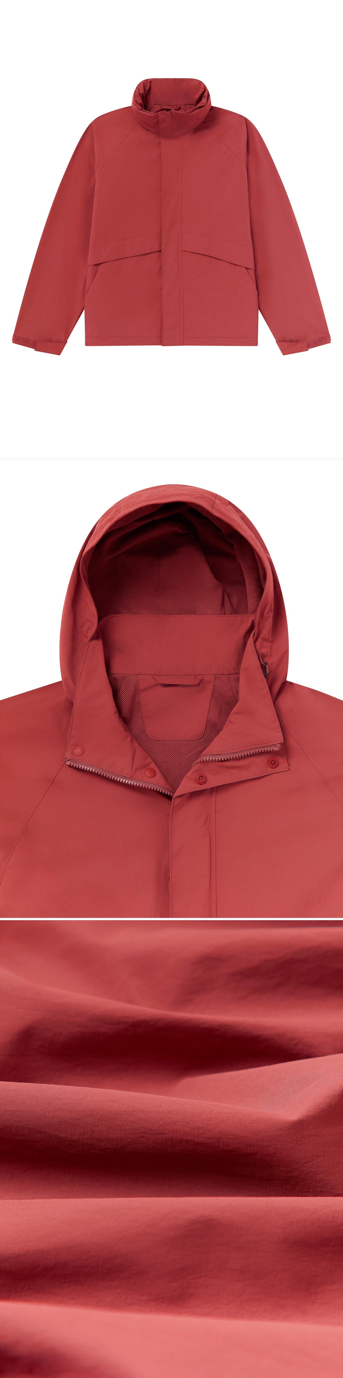 RED_HIGHNECK_JACKET - Flat Lay - 3 x Shots - Front + Detail A + Detail C