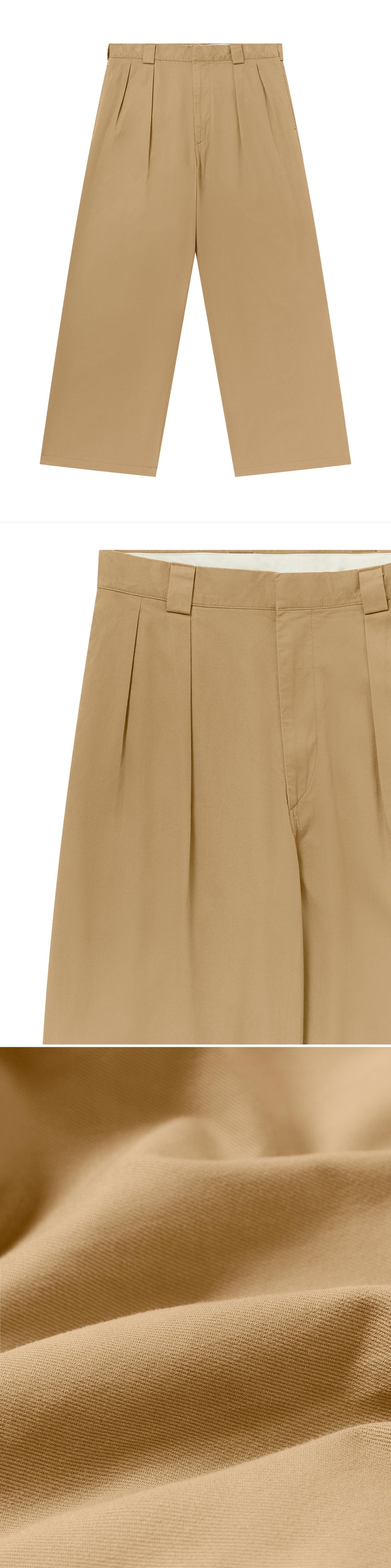 TAN_WIDELEG_TROUSER - Flat Lay - 3 x Shots - Front + Detail A + Detail C