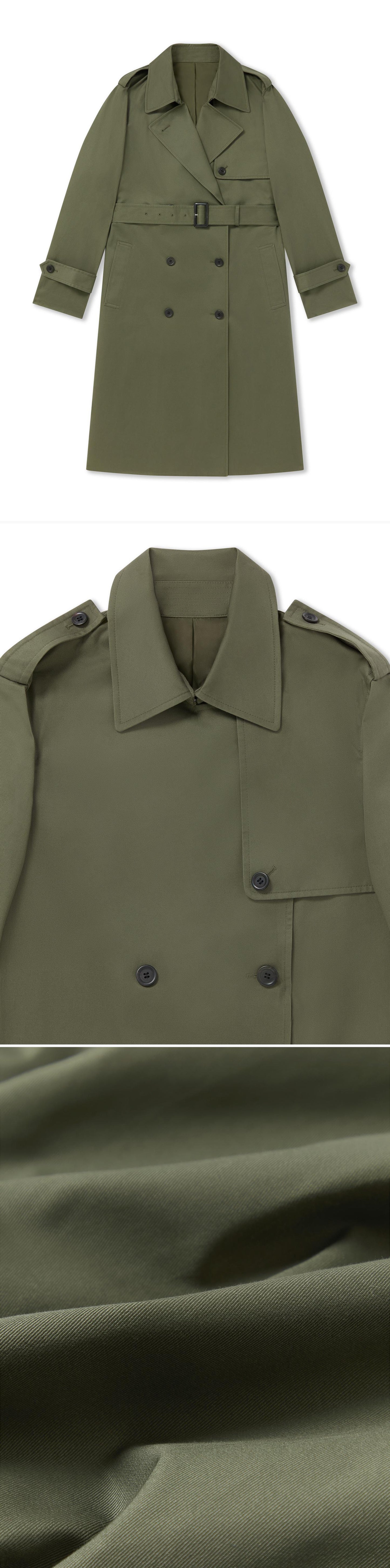 OLIVE_TRENCH_COAT - Flat Lay - 3 x Shots - Front + Detail A + Detail C