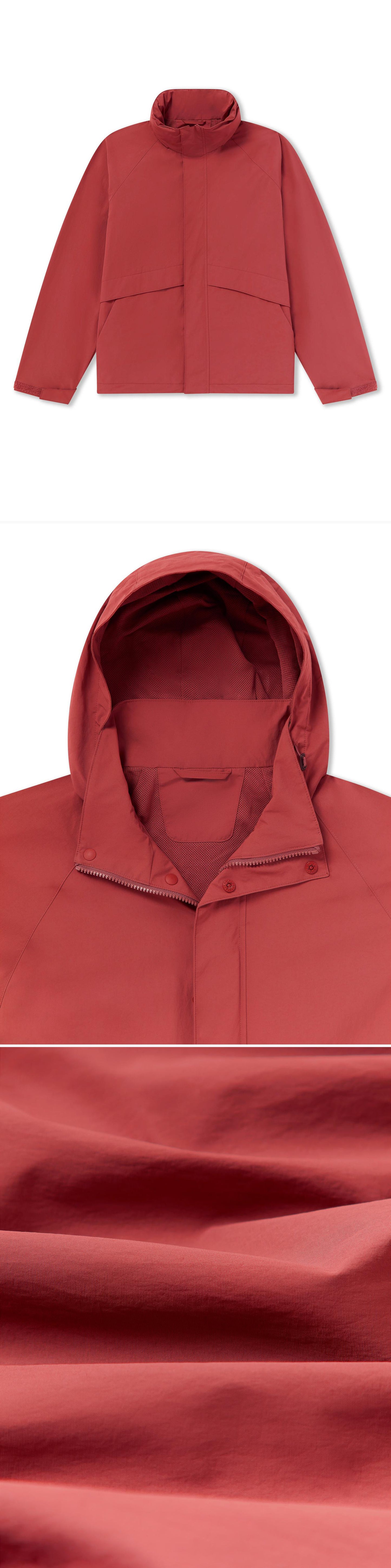 RED_HIGHNECK_JACKET - Flat Lay - 3 x Shots - Front + Detail A + Detail C