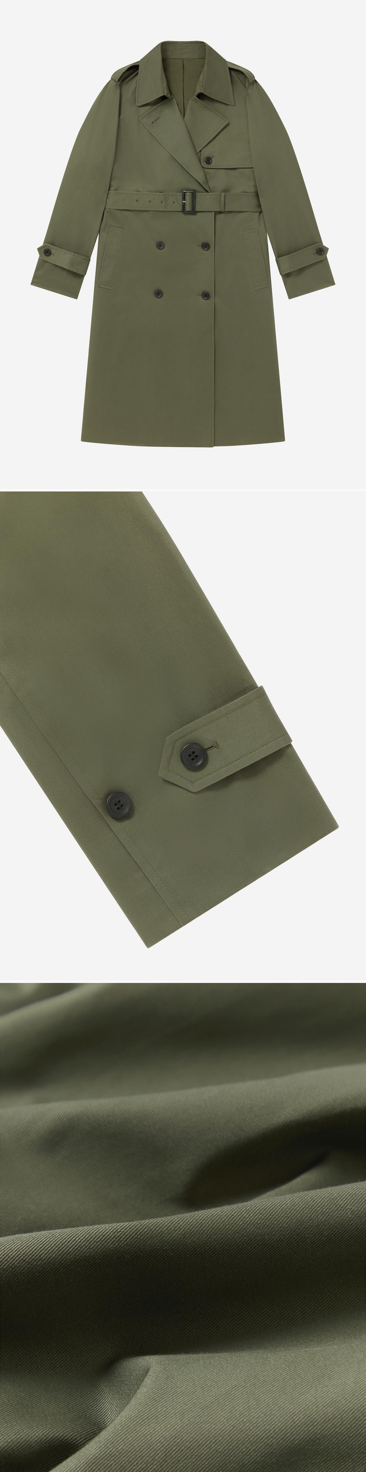 OLIVE_TRENCH_COAT - Flat Lay - 3 x Shots - Front + Detail B + Detail C