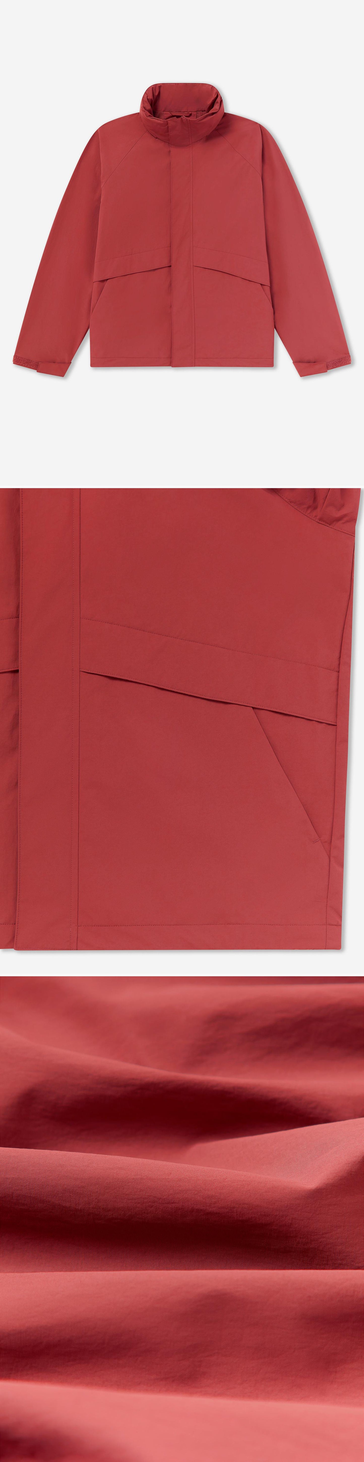 RED_HIGHNECK_JACKET - Flat Lay - 3 x Shots - Front + Detail B + Detail C