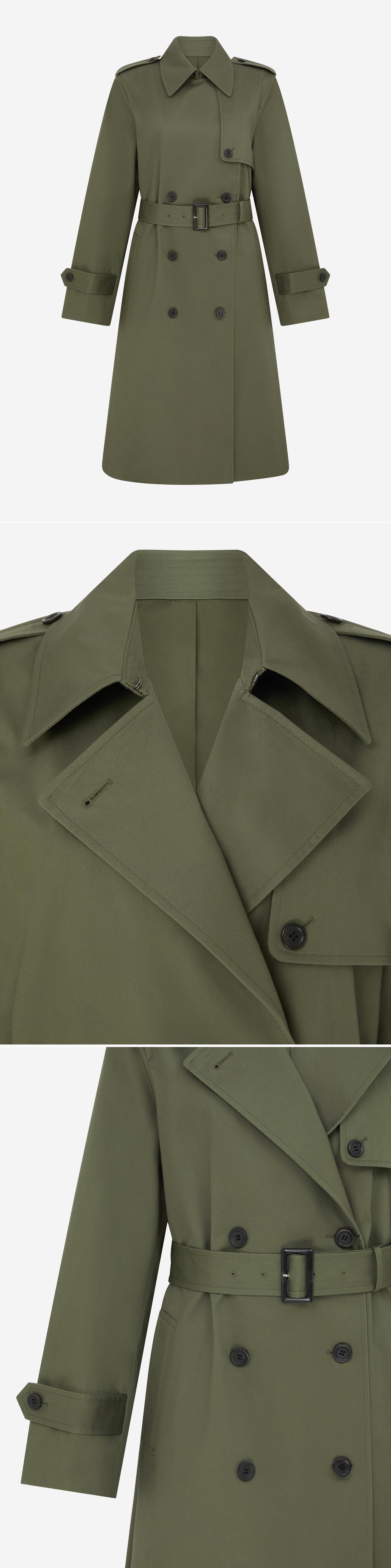 OLIVE_TRENCH_COAT - Mannequin - 3 x Shots - Front + Detail A + Detail B