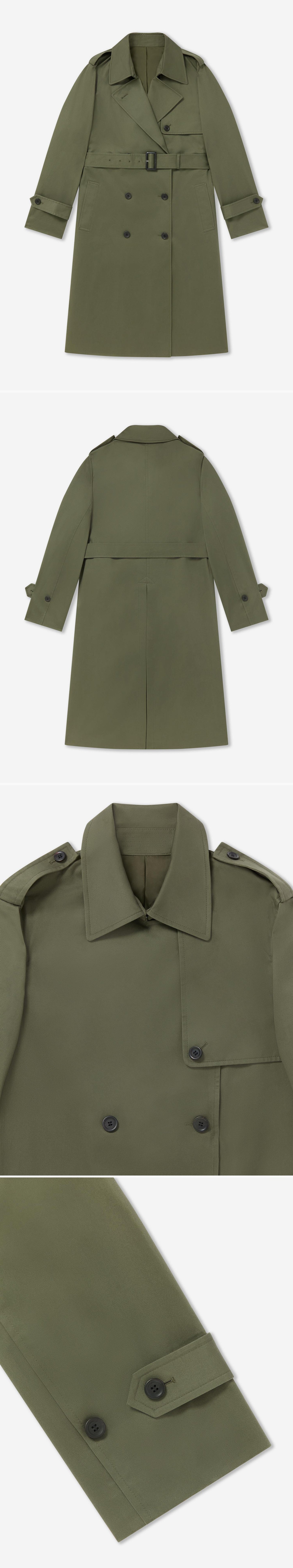 OLIVE_TRENCH_COAT - Flat Lay - 4 x Shots - Front + Back + Detail A + Detail B