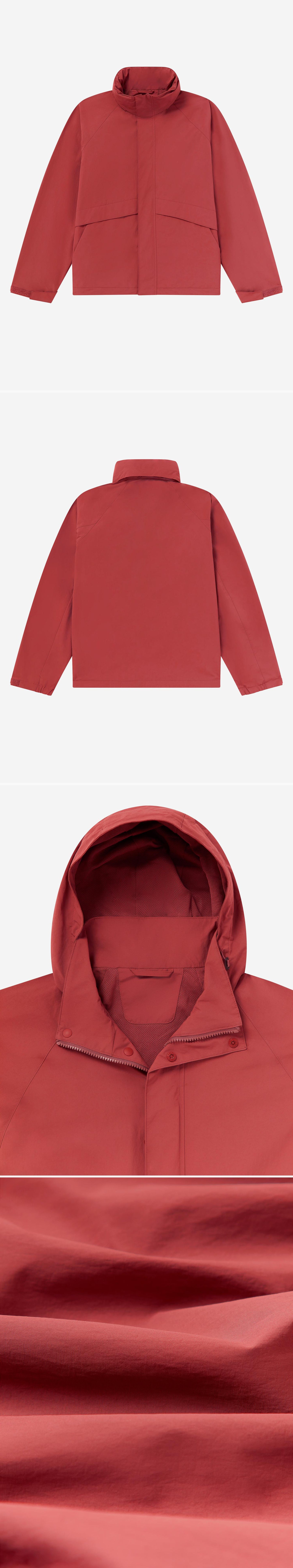 RED_HIGHNECK_JACKET - Flat Lay - 4 x Shots - Front + Back + Detail A + Detail C