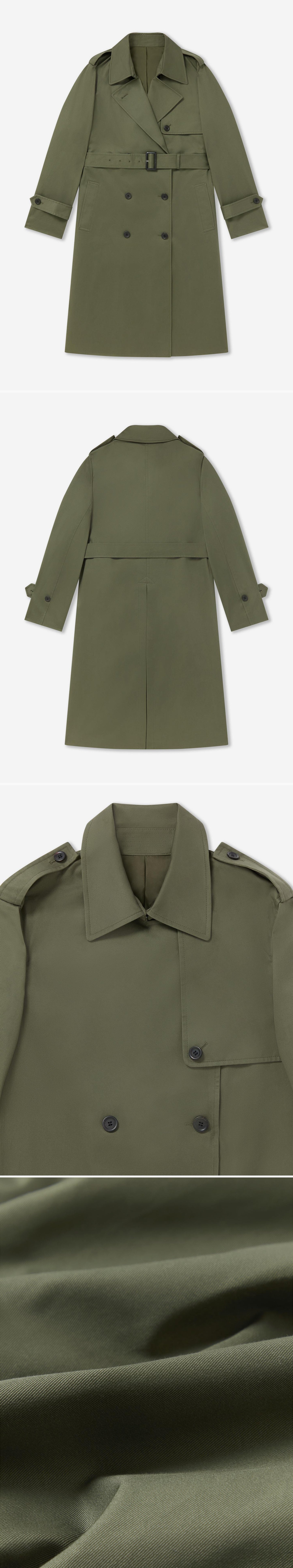 OLIVE_TRENCH_COAT - Flat Lay - 4 x Shots - Front + Back + Detail A + Detail C
