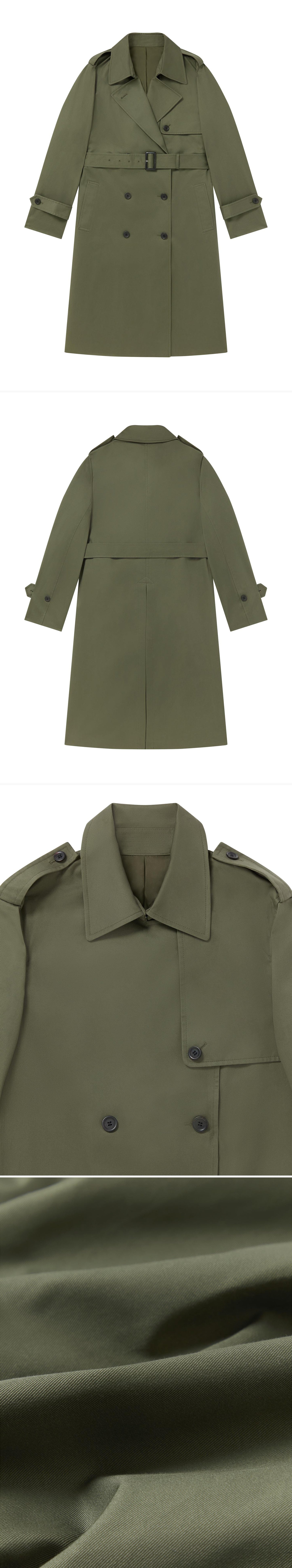 OLIVE_TRENCH_COAT - Flat Lay - 4 x Shots - Front + Back + Detail A + Detail C