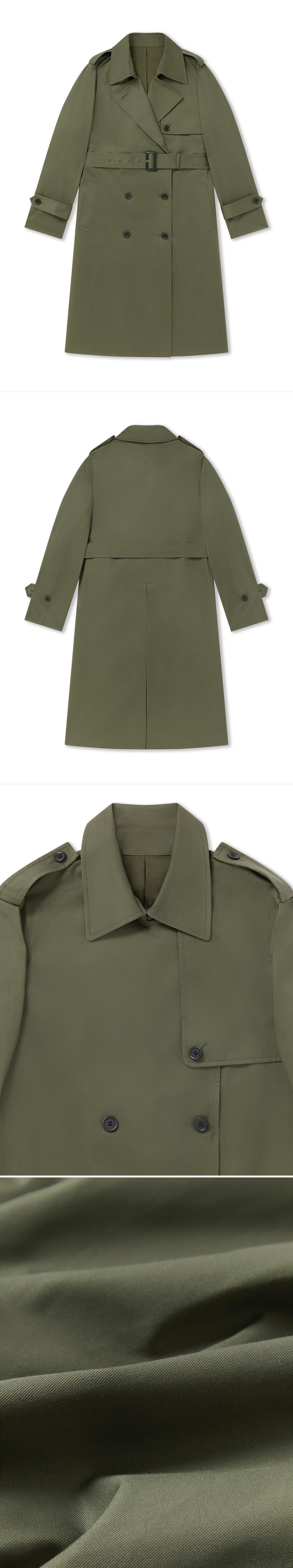 OLIVE_TRENCH_COAT - Flat Lay - 4 x Shots - Front + Back + Detail A + Detail C