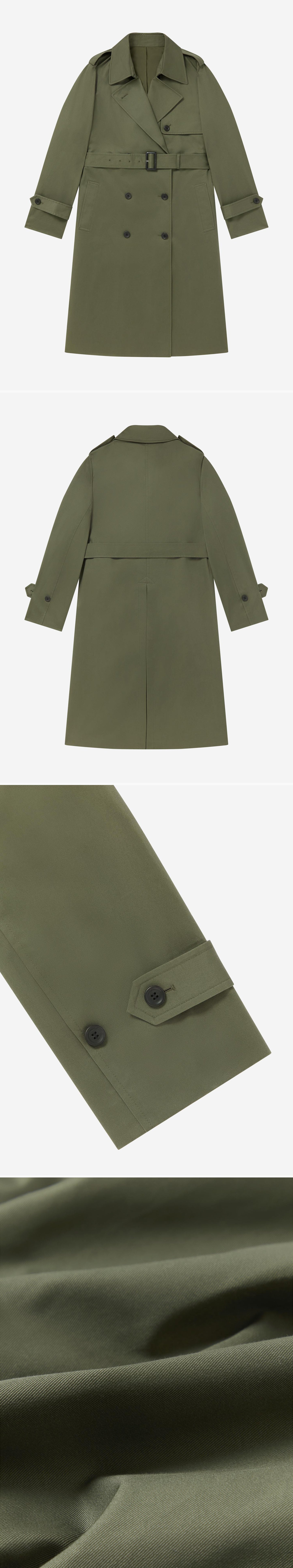 OLIVE_TRENCH_COAT - Flat Lay - 4 x Shots - Front + Back + Detail B + Detail C