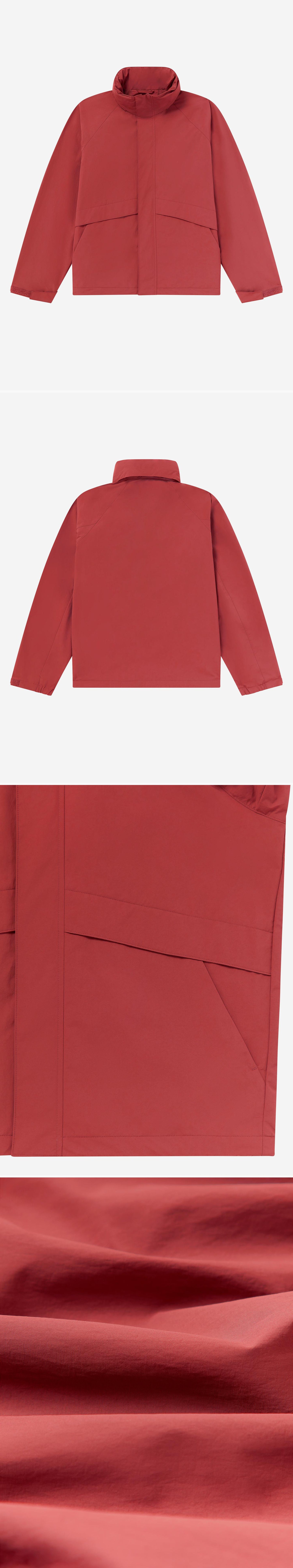 RED_HIGHNECK_JACKET - Flat Lay - 4 x Shots - Front + Back + Detail B + Detail C
