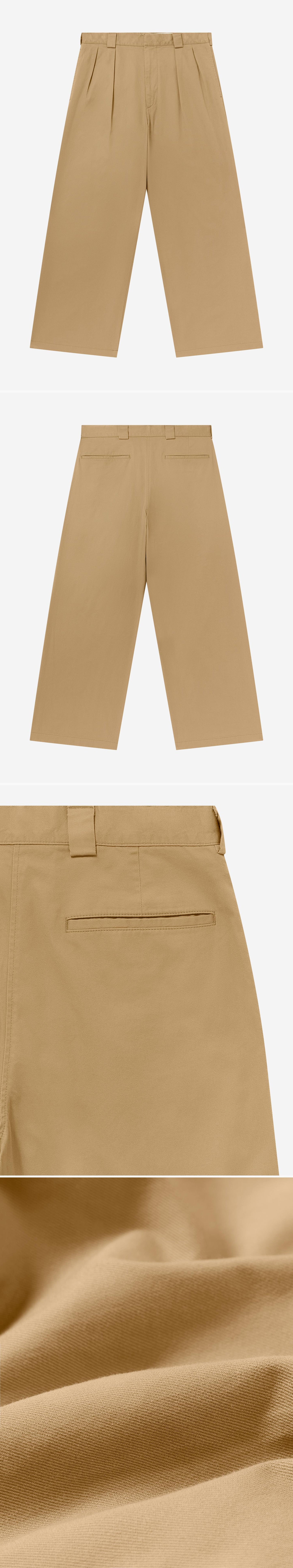 TAN_WIDELEG_TROUSER - Flat Lay - 4 x Shots - Front + Back + Detail B + Detail C