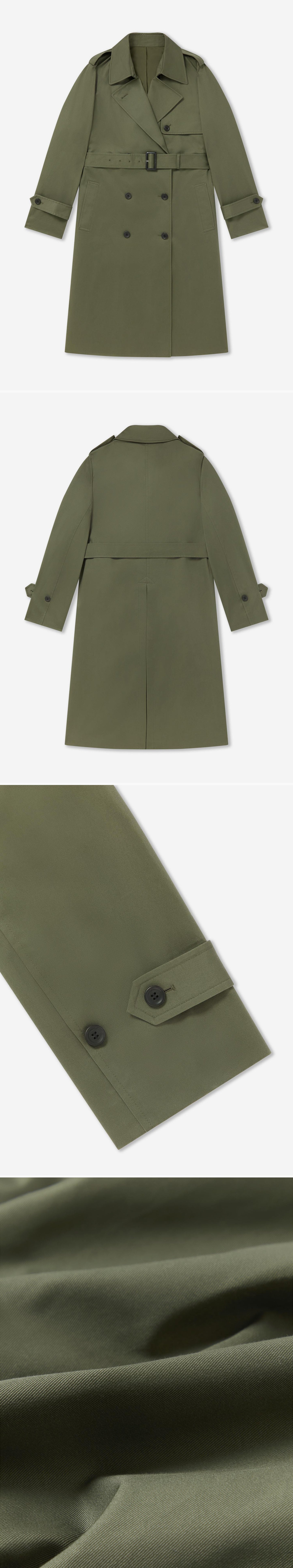 OLIVE_TRENCH_COAT - Flat Lay - 4 x Shots - Front + Back + Detail B + Detail C