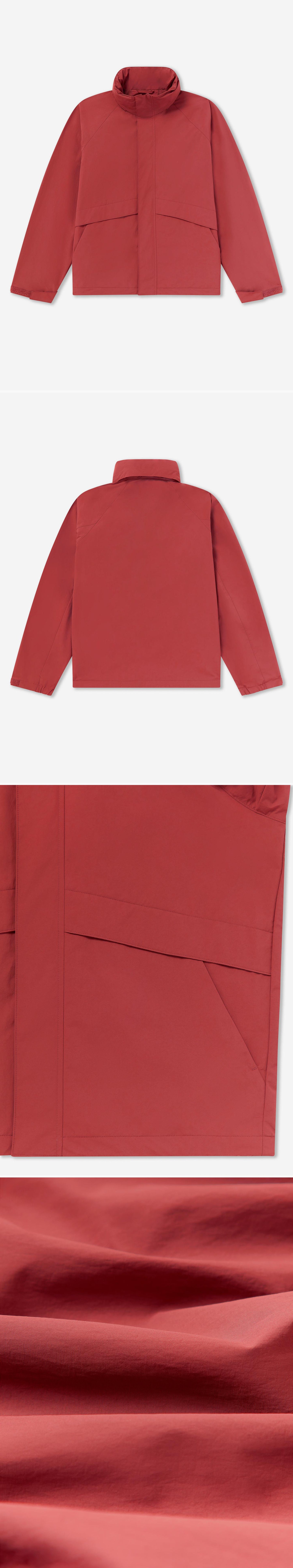 RED_HIGHNECK_JACKET - Flat Lay - 4 x Shots - Front + Back + Detail B + Detail C