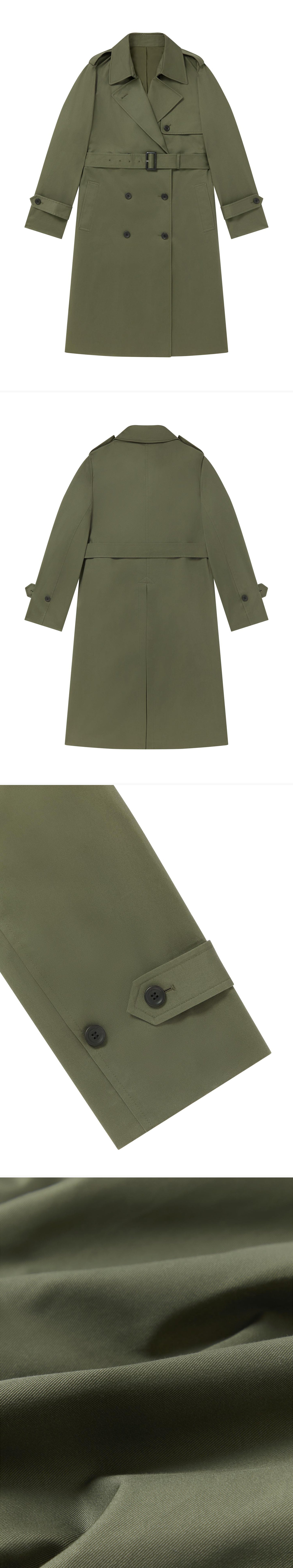 OLIVE_TRENCH_COAT - Flat Lay - 4 x Shots - Front + Back + Detail B + Detail C