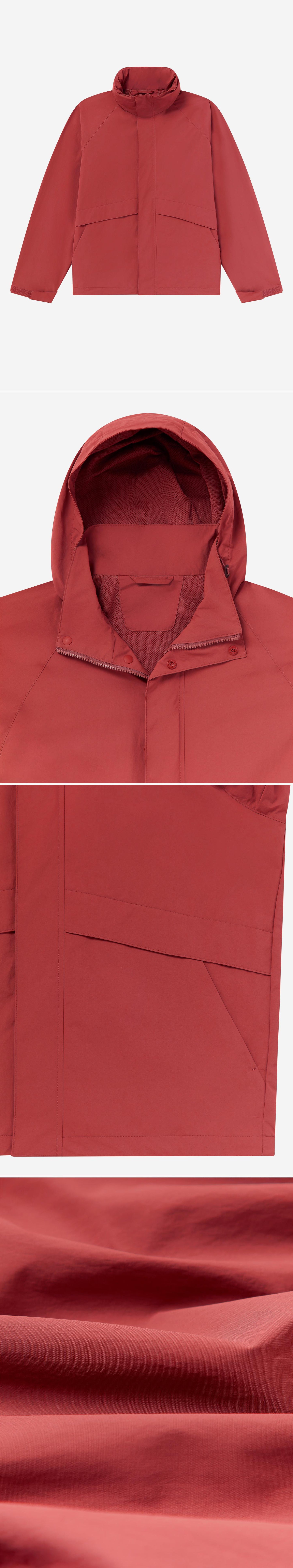 RED_HIGHNECK_JACKET - Flat Lay - 4 x Shots - Front + Detail A + Detail B + Detail C
