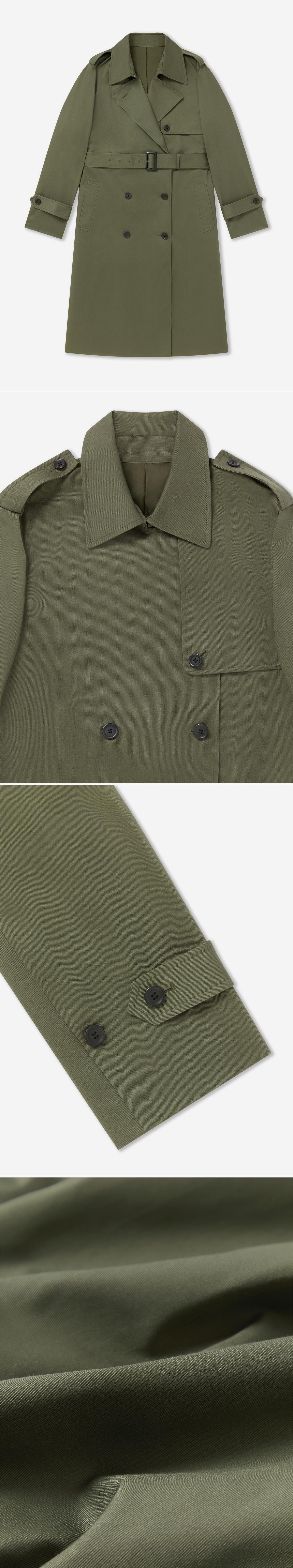 OLIVE_TRENCH_COAT - Flat Lay - 4 x Shots - Front + Detail A + Detail B + Detail C