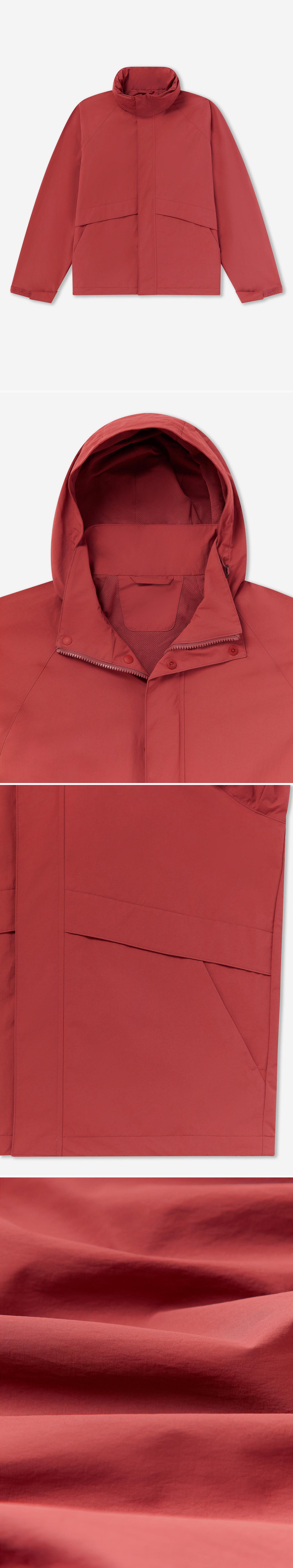 RED_HIGHNECK_JACKET - Flat Lay - 4 x Shots - Front + Detail A + Detail B + Detail C