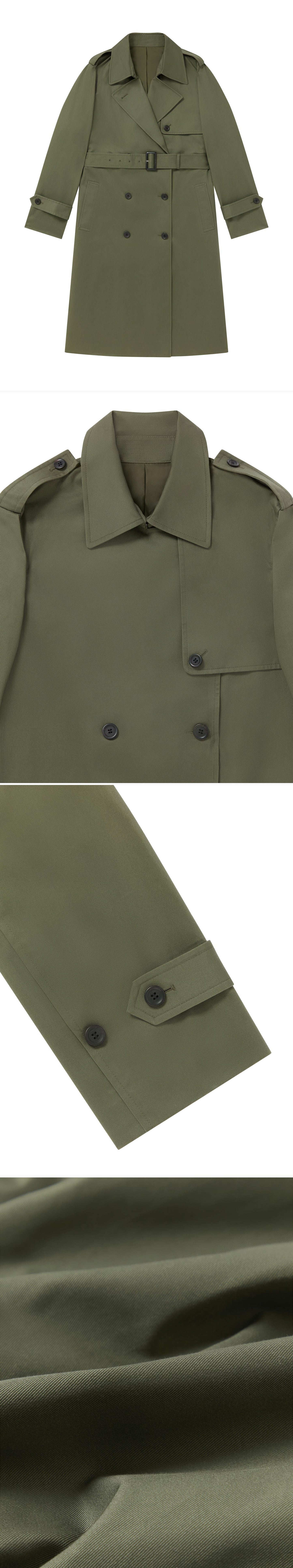 OLIVE_TRENCH_COAT - Flat Lay - 4 x Shots - Front + Detail A + Detail B + Detail C