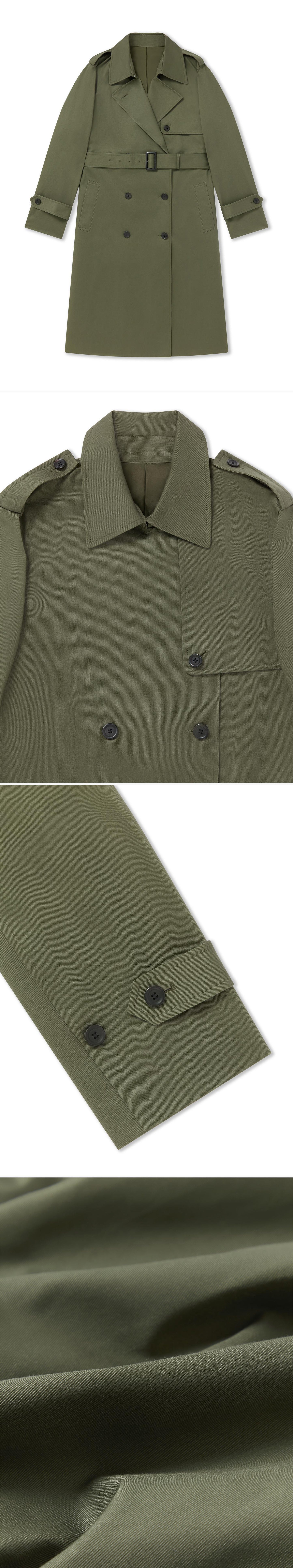 OLIVE_TRENCH_COAT - Flat Lay - 4 x Shots - Front + Detail A + Detail B + Detail C