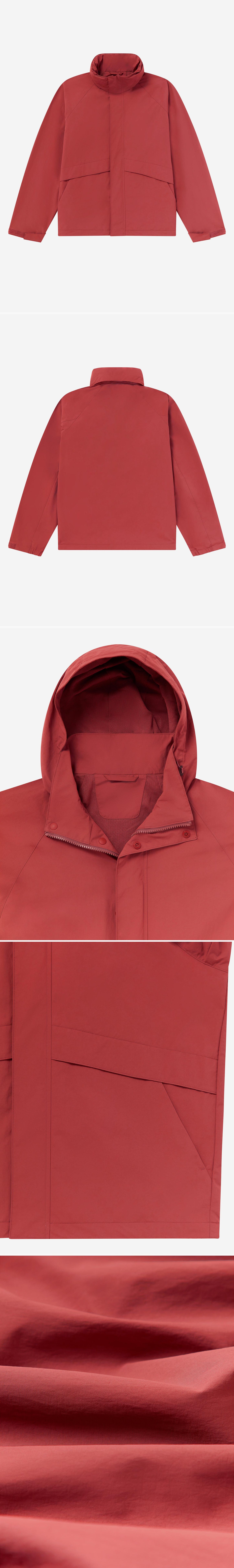 RED_HIGHNECK_JACKET - Flat Lay - 5 x Shots - Front + Back + Detail A + Detail B + Detail C
