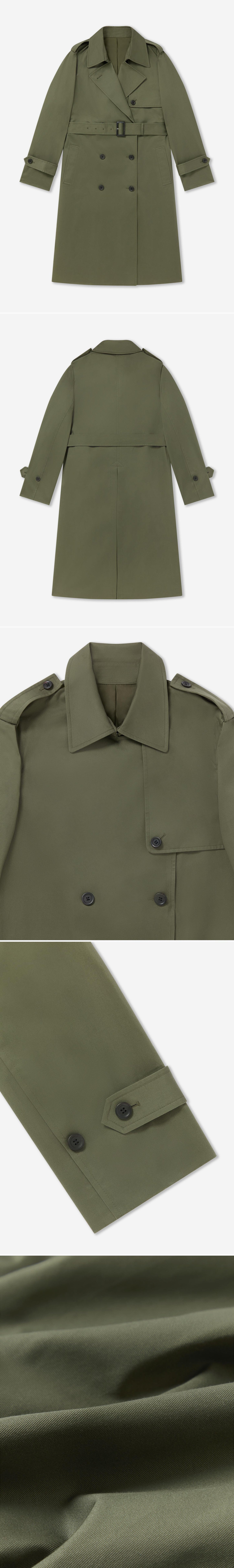 OLIVE_TRENCH_COAT - Flat Lay - 5 x Shots - Front + Back + Detail A + Detail B + Detail C